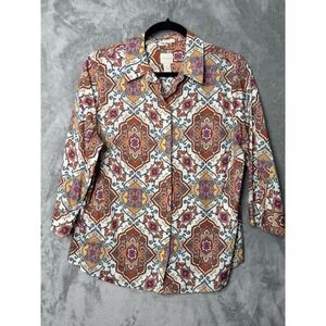 Chicos No-Iron Button Down Shirt 1 Womens M Medallion Paisley 3/4 Sleeve Multi